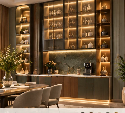 Illuminated crockery display with refined storage and glass shelves