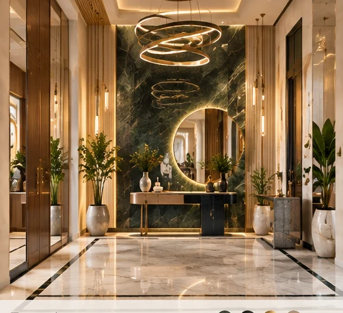 Elegant villa entrance with sculptural lighting and refined stone finishes