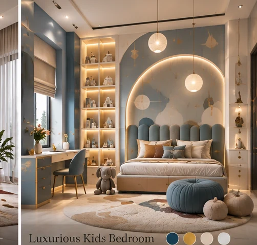 Creative kids bedroom with playful arches and soft blue accents