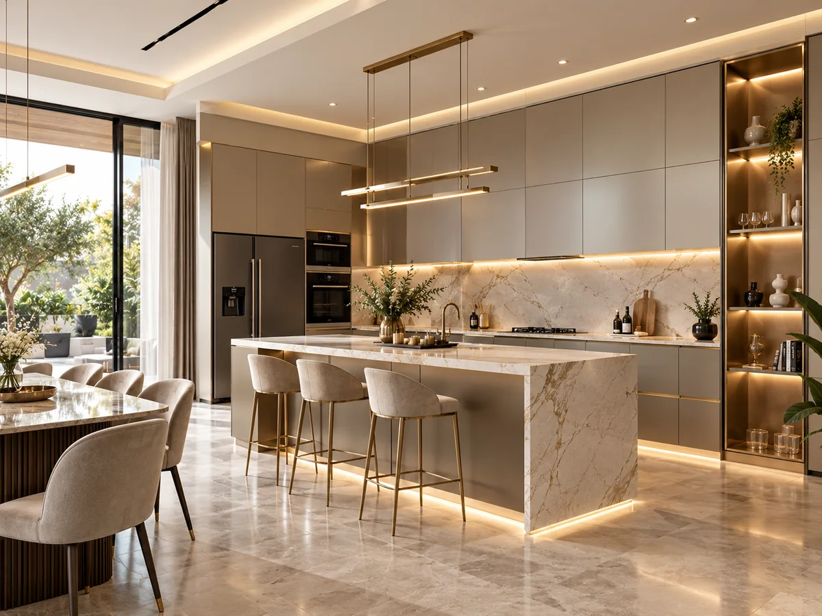 Warm modern kitchen with stone island and timber cabinetry