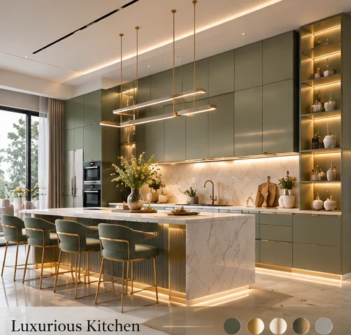 Luxury kitchen with sage matte cabinetry, stone island and brass lighting