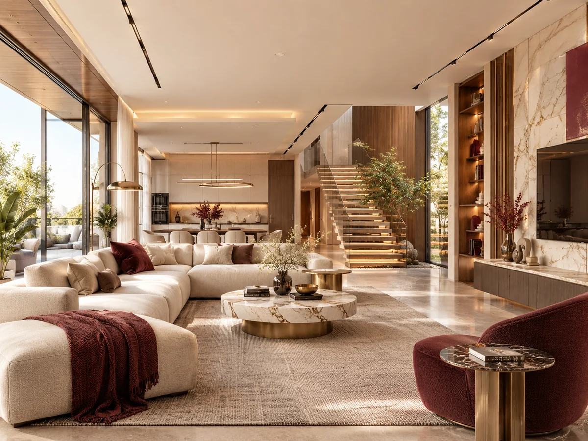 Contemporary apartment living room with warm neutral finishes