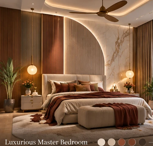 Luxury master bedroom with a statement headboard and layered warm lighting