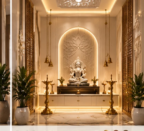Serene pooja room with a carved niche and warm brass lighting